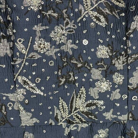 Theia Metallic Floral Jacquard A-Line Dress Knee Length Beaded Sequin Blue 2 - Picture 11 of 15